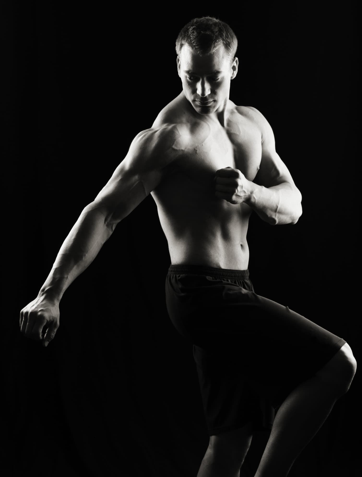Man doing a workout - black & white photo